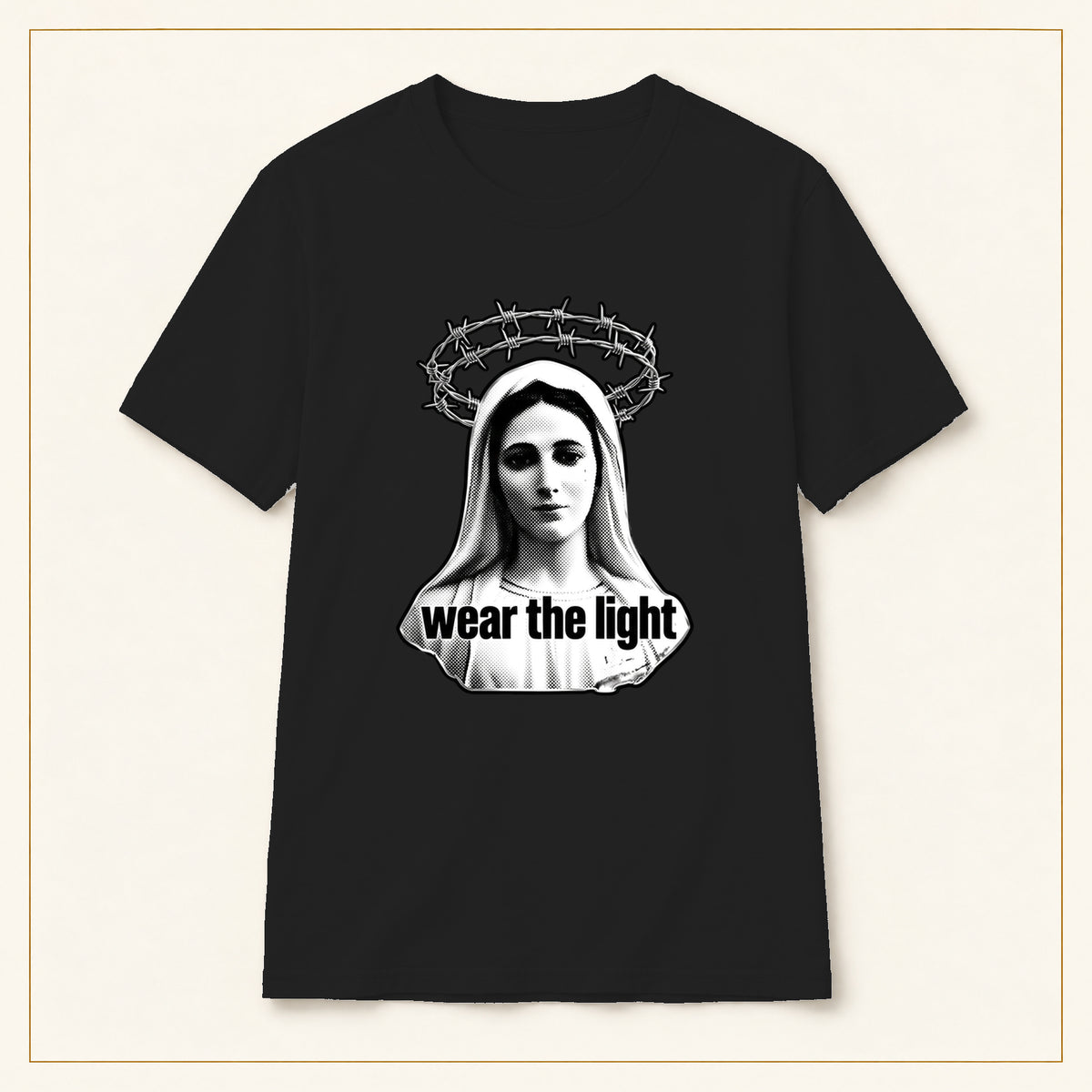 Madonna T-Shirt — Monochrome Crown of Thorns — compact lay-flat, original print scale and placement — Black