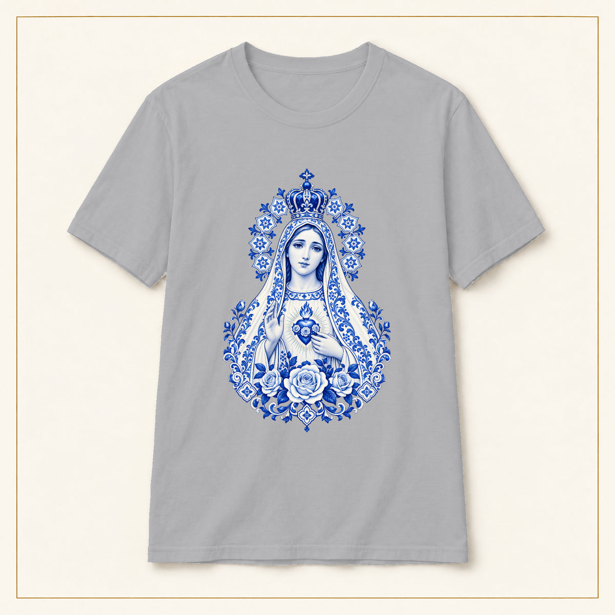 Our Lady of Fátima T-Shirt — Immaculate Heart Azulejo — compact lay-flat, original print scale and placement — Sport Grey