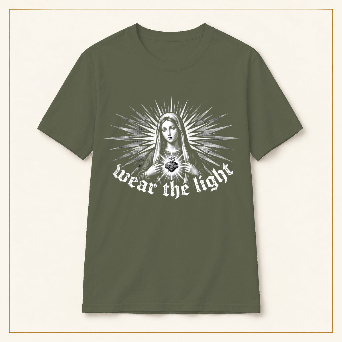 Radiant Madonna T-Shirt — Gothic Sacred Art — compact lay-flat, original print scale and placement — Military Green