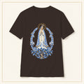 Our Lady of Fátima T-Shirt — Oak Tree Apparition Azulejo — compact lay-flat, original print scale and placement — Dark Chocolate