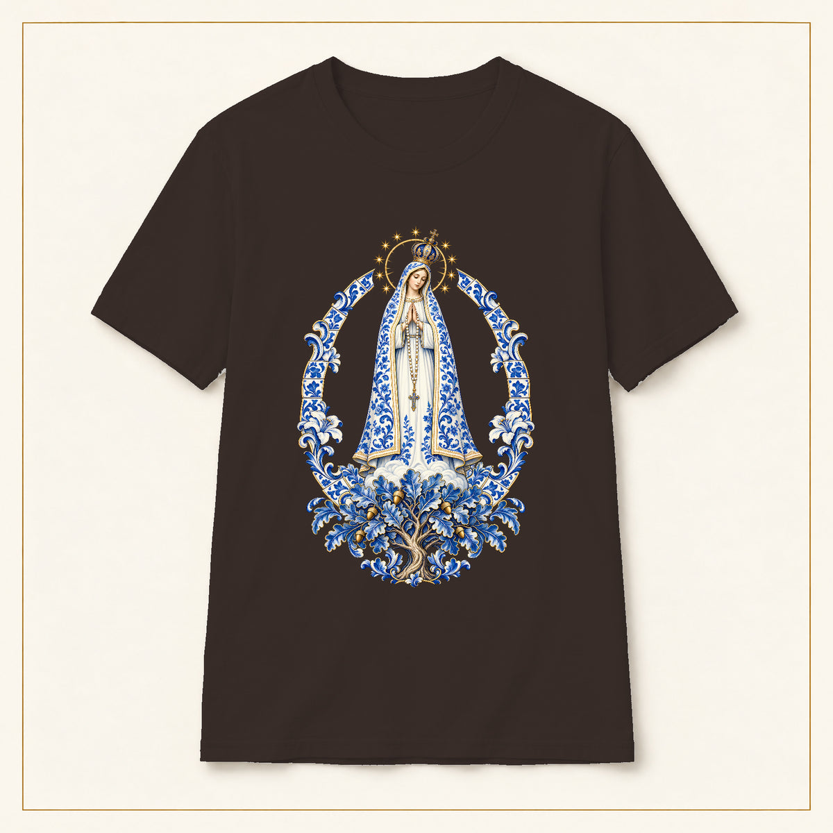 Our Lady of Fátima T-Shirt — Oak Tree Apparition Azulejo — compact lay-flat, original print scale and placement — Dark Chocolate