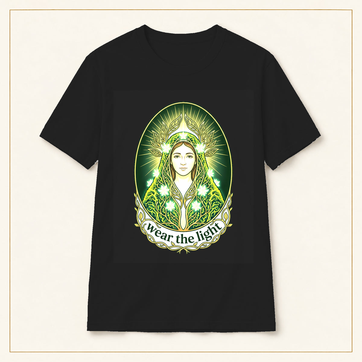 Green Goddess T-Shirt — Wear the Light — compact lay-flat, original print scale and placement — Black