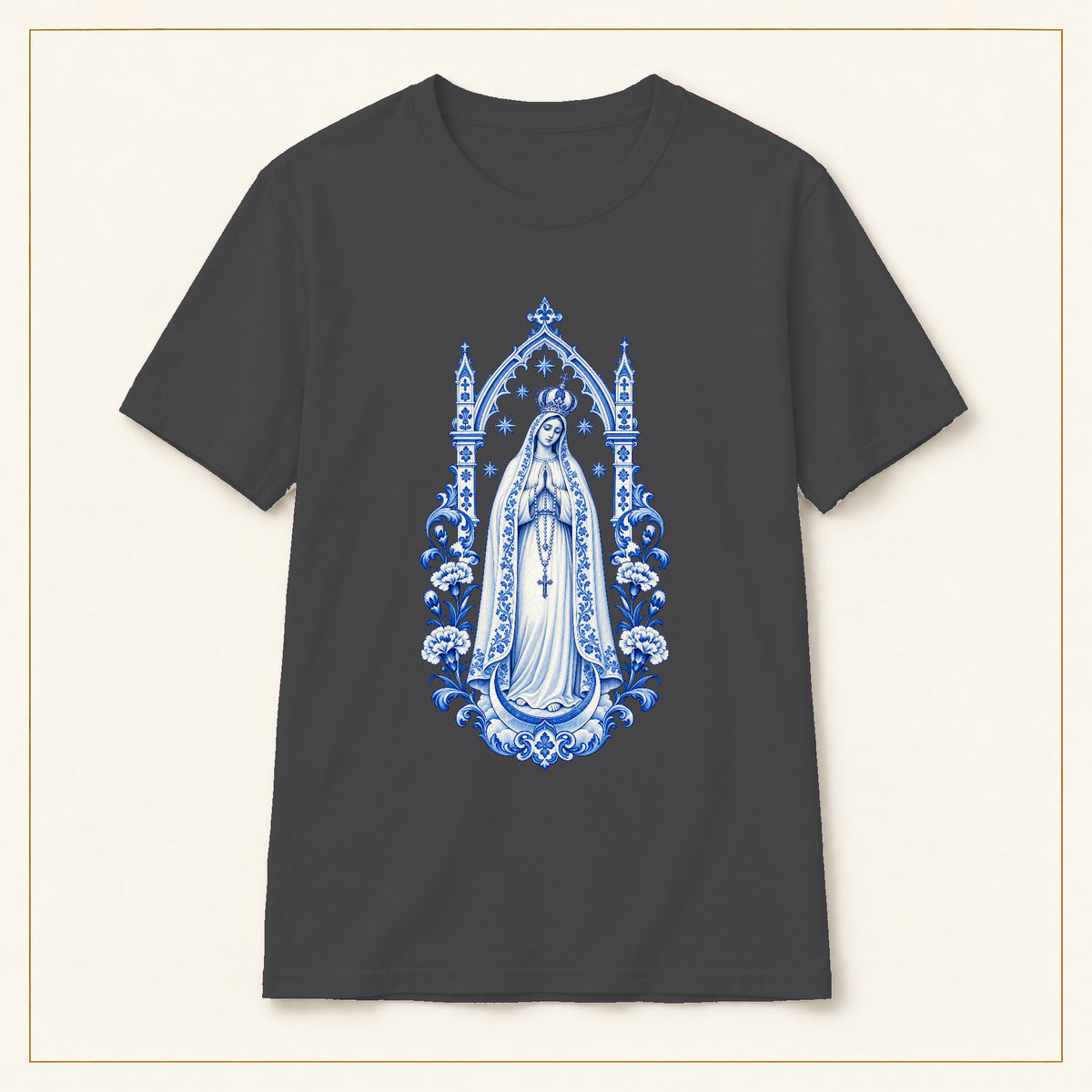 Our Lady of Fátima T-Shirt — Queen of Heaven Azulejo — compact lay-flat, original print scale and placement — Dark Heather