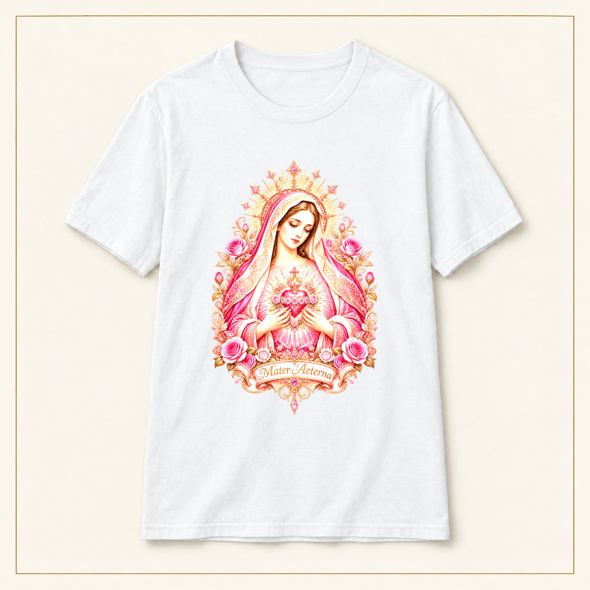 Sacred Heart Mary T-Shirt — Pink Floral — compact lay-flat, original print scale and placement — White