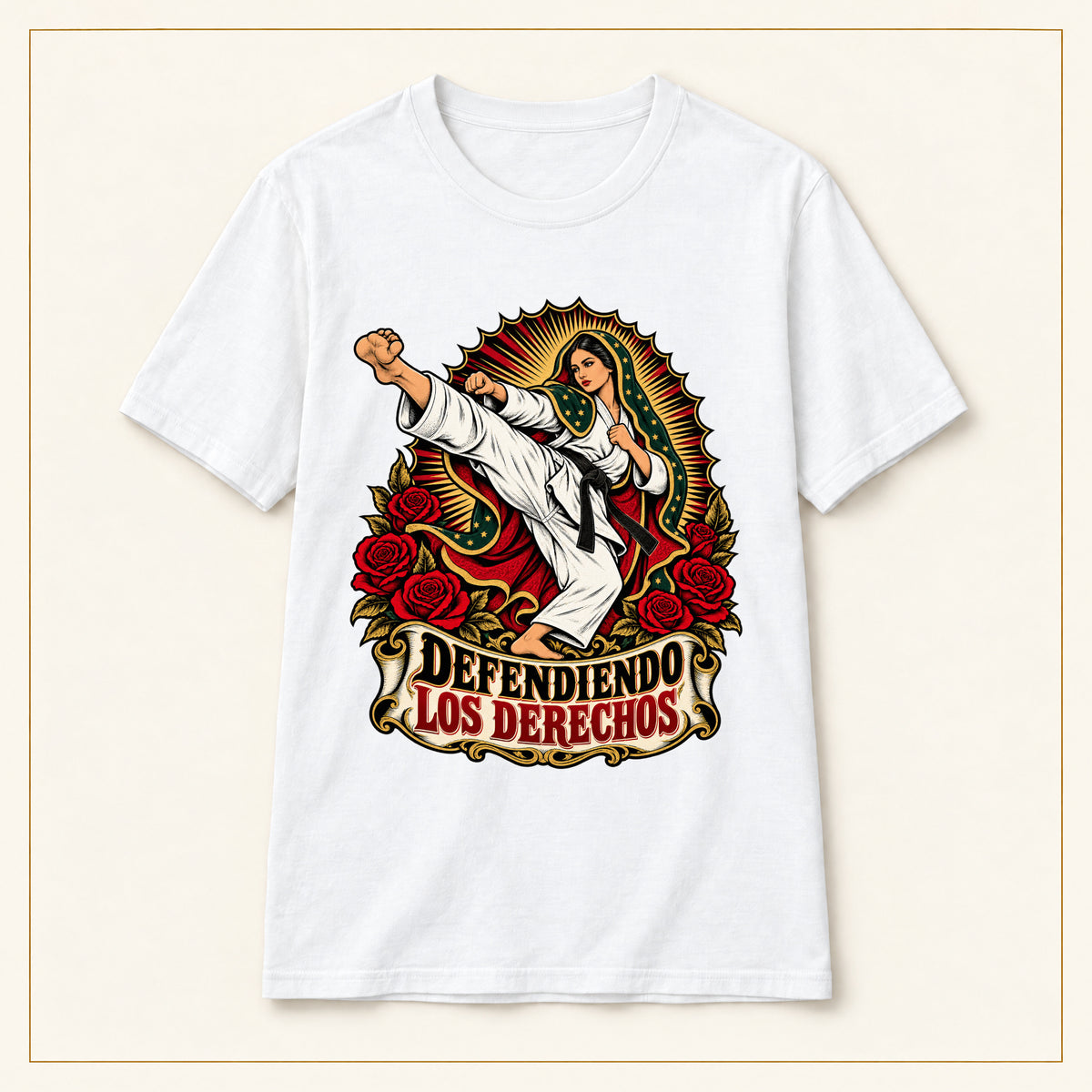 Defendiendo Los Derechos Martial Arts T-Shirt — Virgen de Guadalupe Taekwondo Design — compact lay-flat, original print scale and placement — White