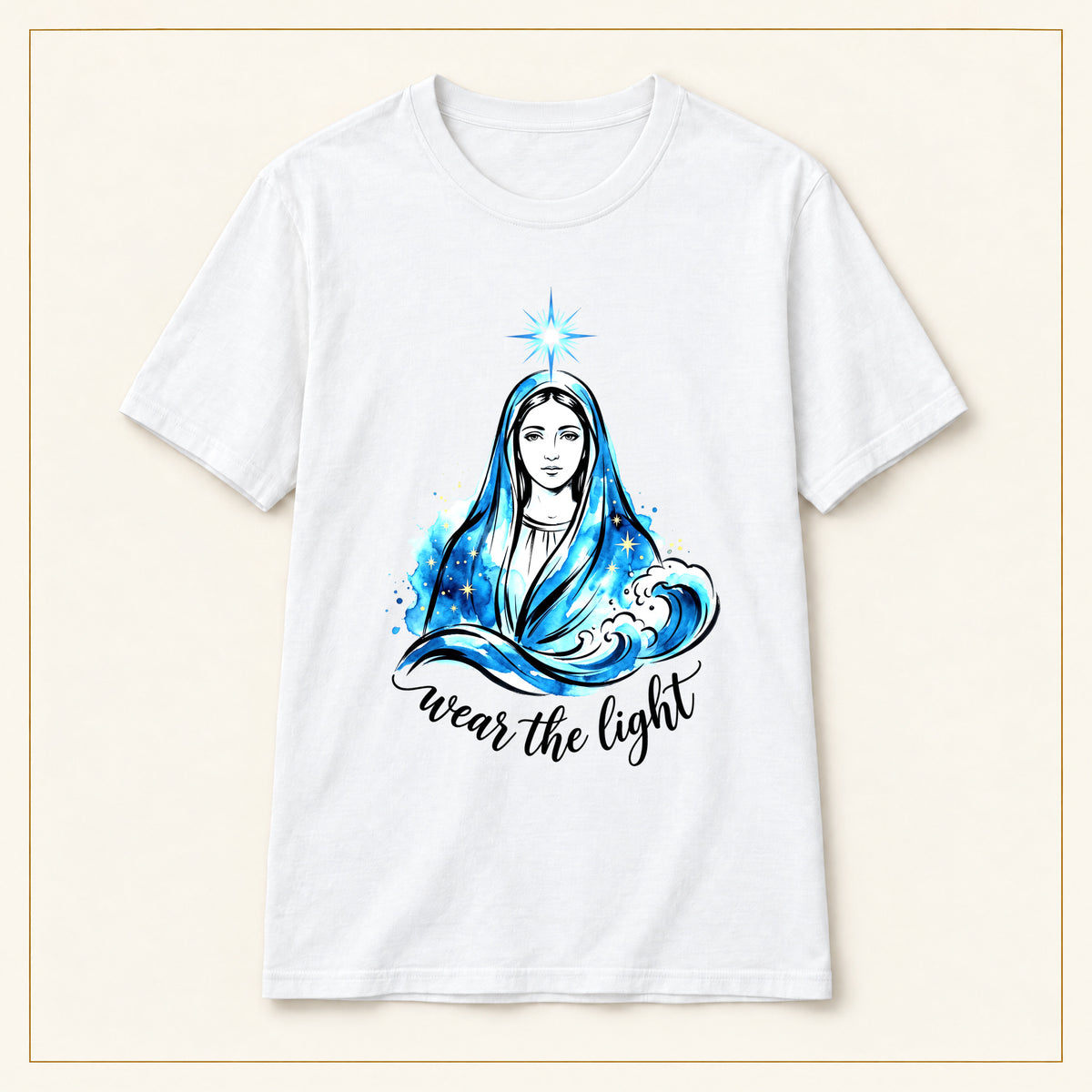 Virgin Mary Illustration T-Shirt — Wear the Light — compact lay-flat, original print scale and placement — White