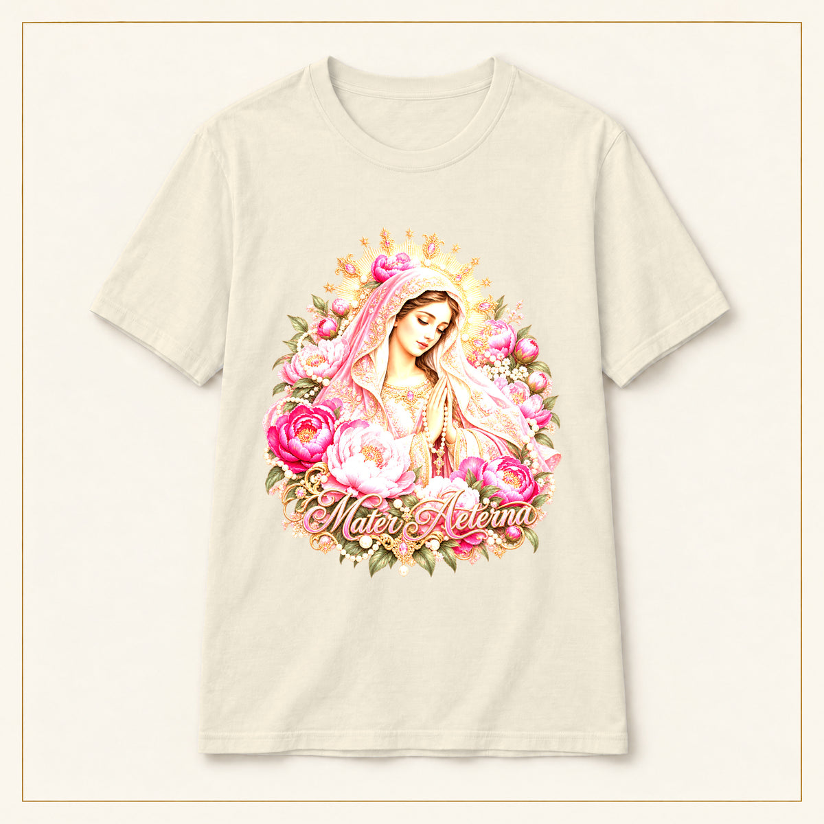 Madre María Rosa T-Shirt — Painted Roses — compact lay-flat, original print scale and placement — Natural