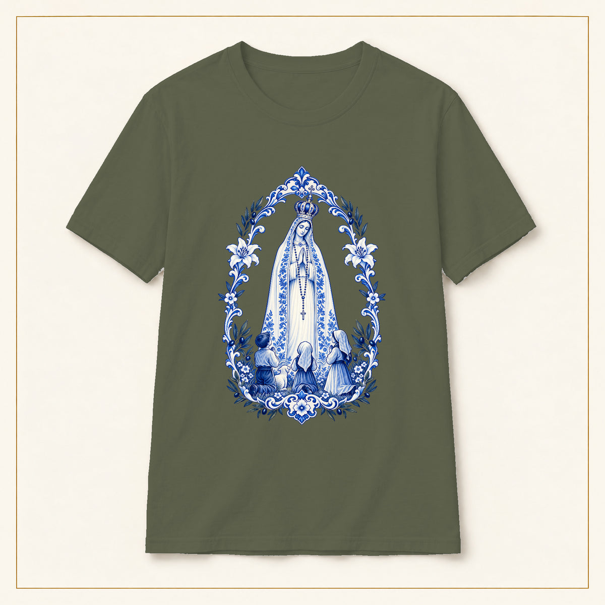 Our Lady of Fátima T-Shirt — Shepherd Children Azulejo — compact lay-flat, original print scale and placement — Military Green
