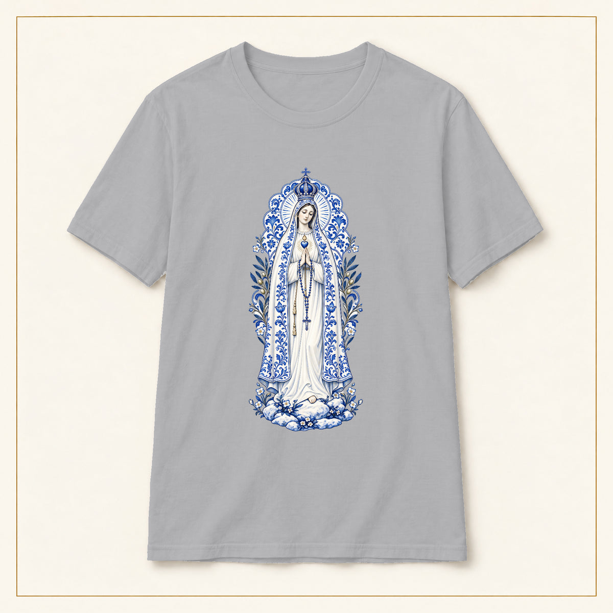 Our Lady of Fátima T-Shirt — Cova da Iria Azulejo — compact lay-flat, original print scale and placement — Sport Grey