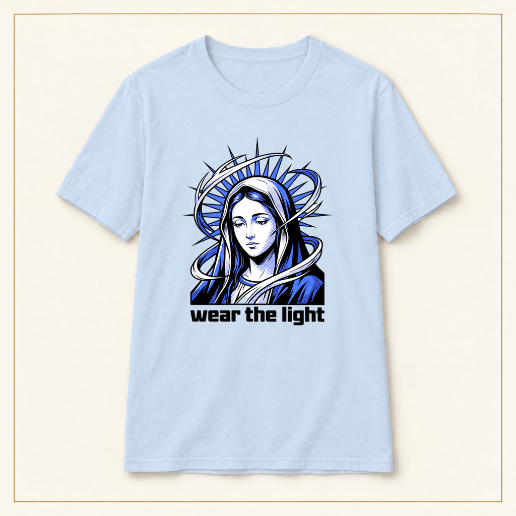 Modern Madonna T-Shirt — Wear the Light — compact lay-flat, original print scale and placement — Light Blue