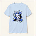 Modern Madonna T-Shirt — Wear the Light — compact lay-flat, original print scale and placement — Light Blue