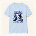 Modern Madonna T-Shirt — Wear the Light — compact lay-flat, original print scale and placement — Light Blue