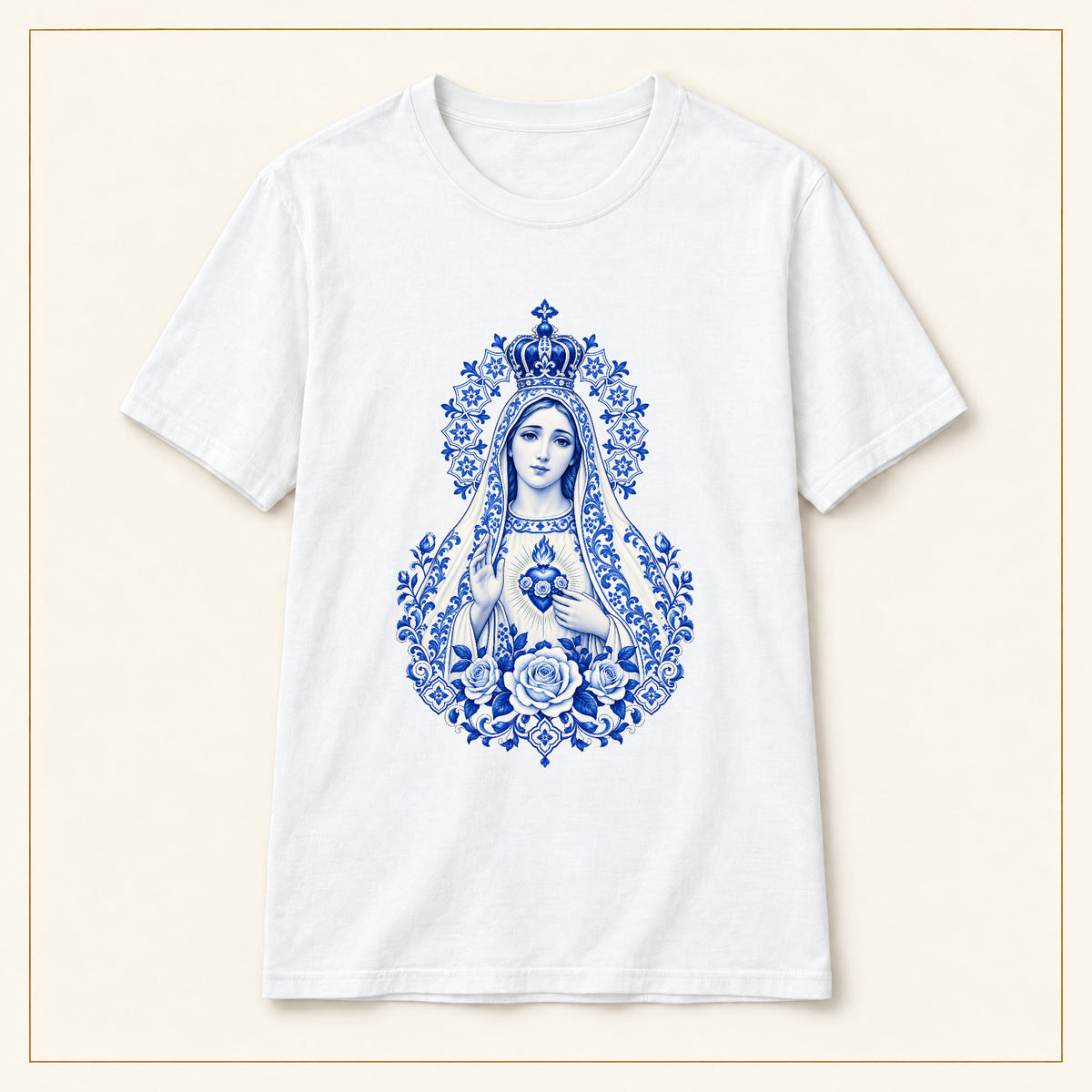 Our Lady of Fátima T-Shirt — Immaculate Heart Azulejo — compact lay-flat, original print scale and placement — White