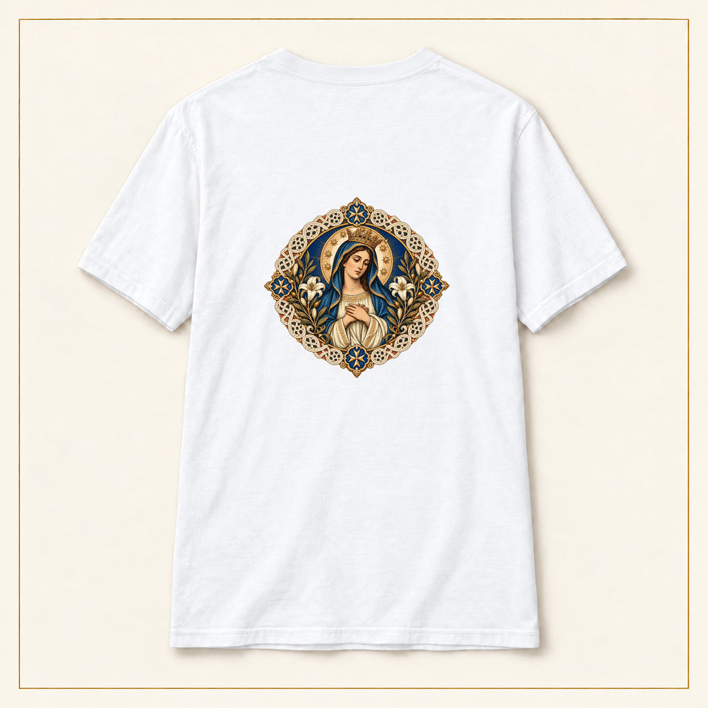 Our Lady of Ta' Pinu — Lace Madonna White T-Shirt — compact lay-flat, original print scale and placement — White — back view