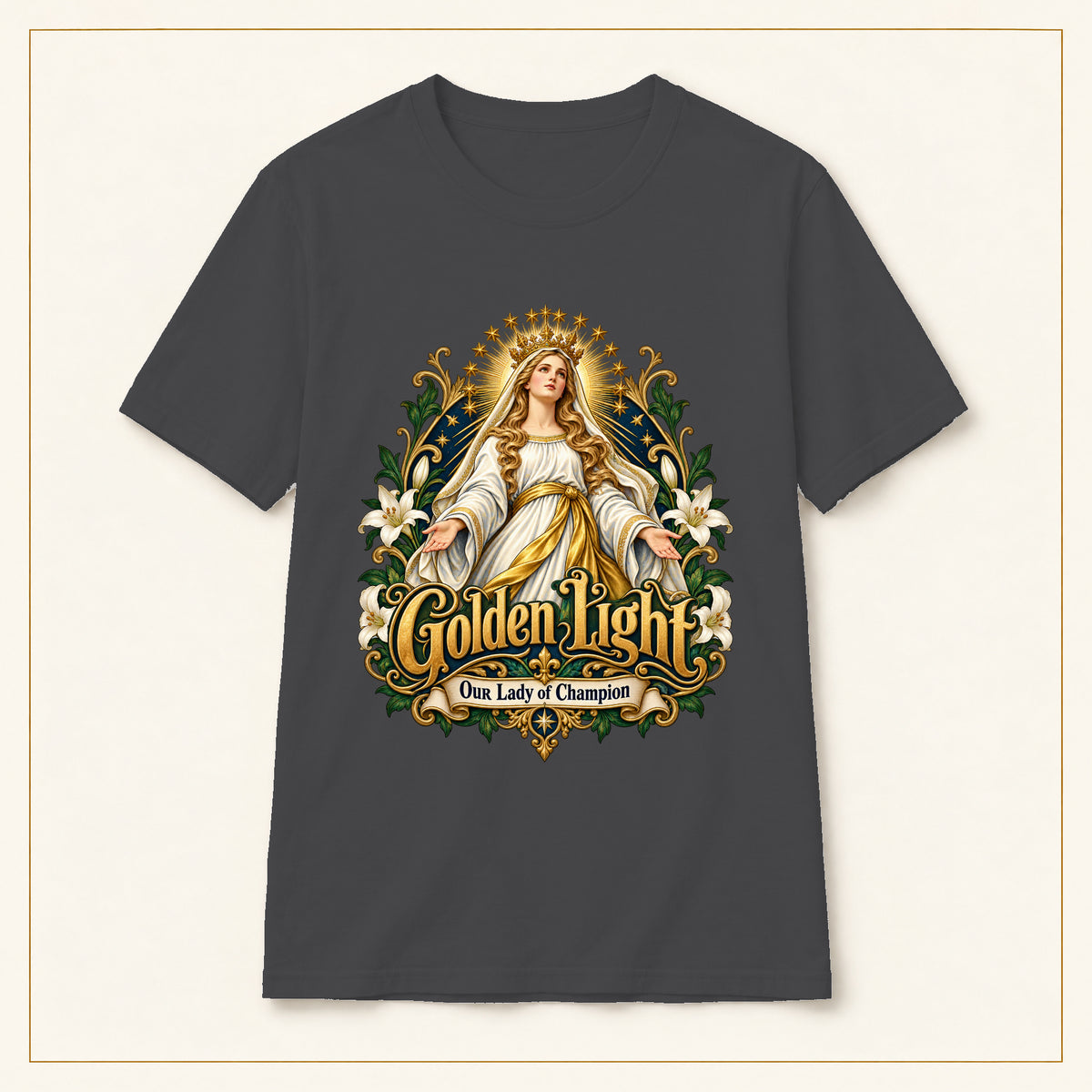 Golden Light T-Shirt — Our Lady of Champion — compact lay-flat, original print scale and placement — Dark Heather
