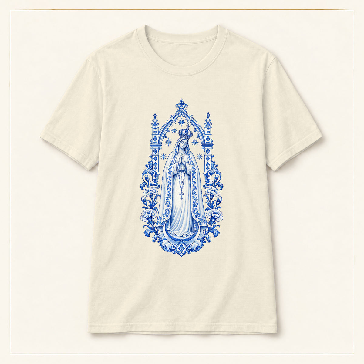 Our Lady of Fátima T-Shirt — Queen of Heaven Azulejo — compact lay-flat, original print scale and placement — Natural