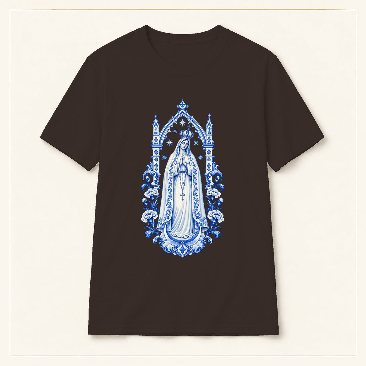 Our Lady of Fátima T-Shirt — Queen of Heaven Azulejo — compact lay-flat, original print scale and placement — Dark Chocolate