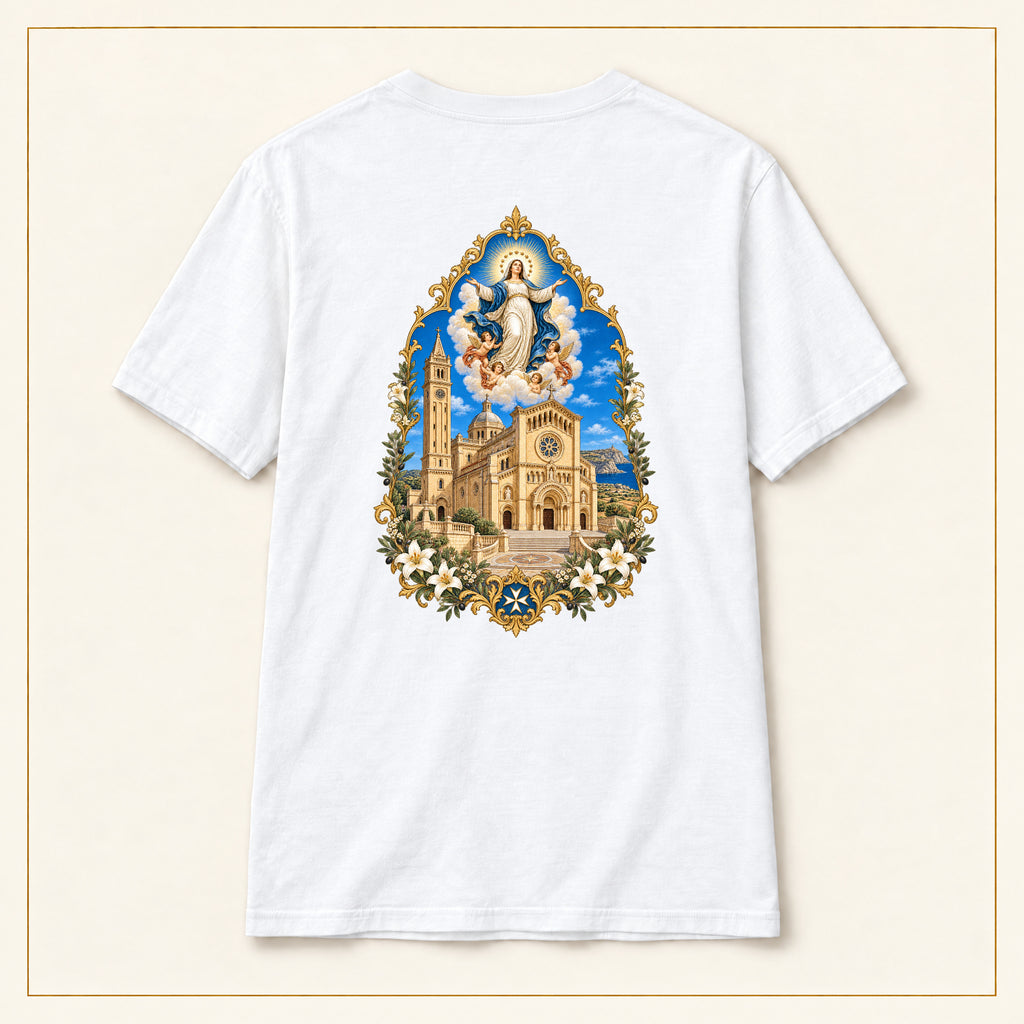 Our Lady of Ta' Pinu — Pilgrims Basilica White T-Shirt — compact lay-flat, original print scale and placement — White — back view