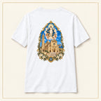 Our Lady of Ta' Pinu — Pilgrims Basilica White T-Shirt — compact lay-flat, original print scale and placement — White — back view