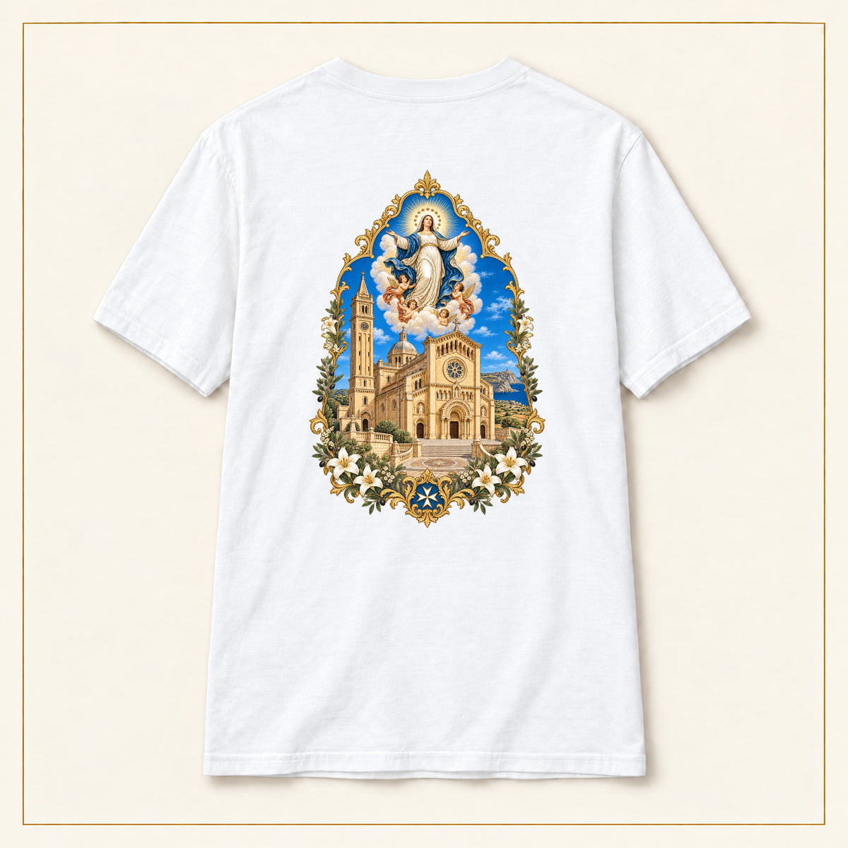 Our Lady of Ta' Pinu — Pilgrims Basilica White T-Shirt — compact lay-flat, original print scale and placement — White — back view