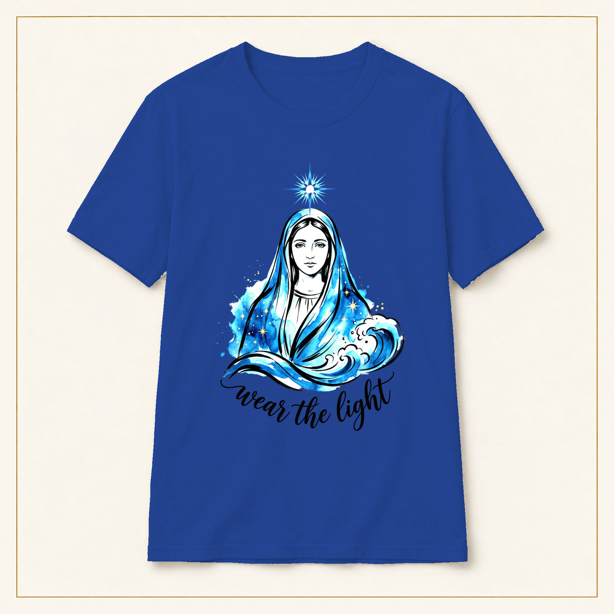 Virgin Mary Illustration T-Shirt — Wear the Light — compact lay-flat, original print scale and placement — Royal
