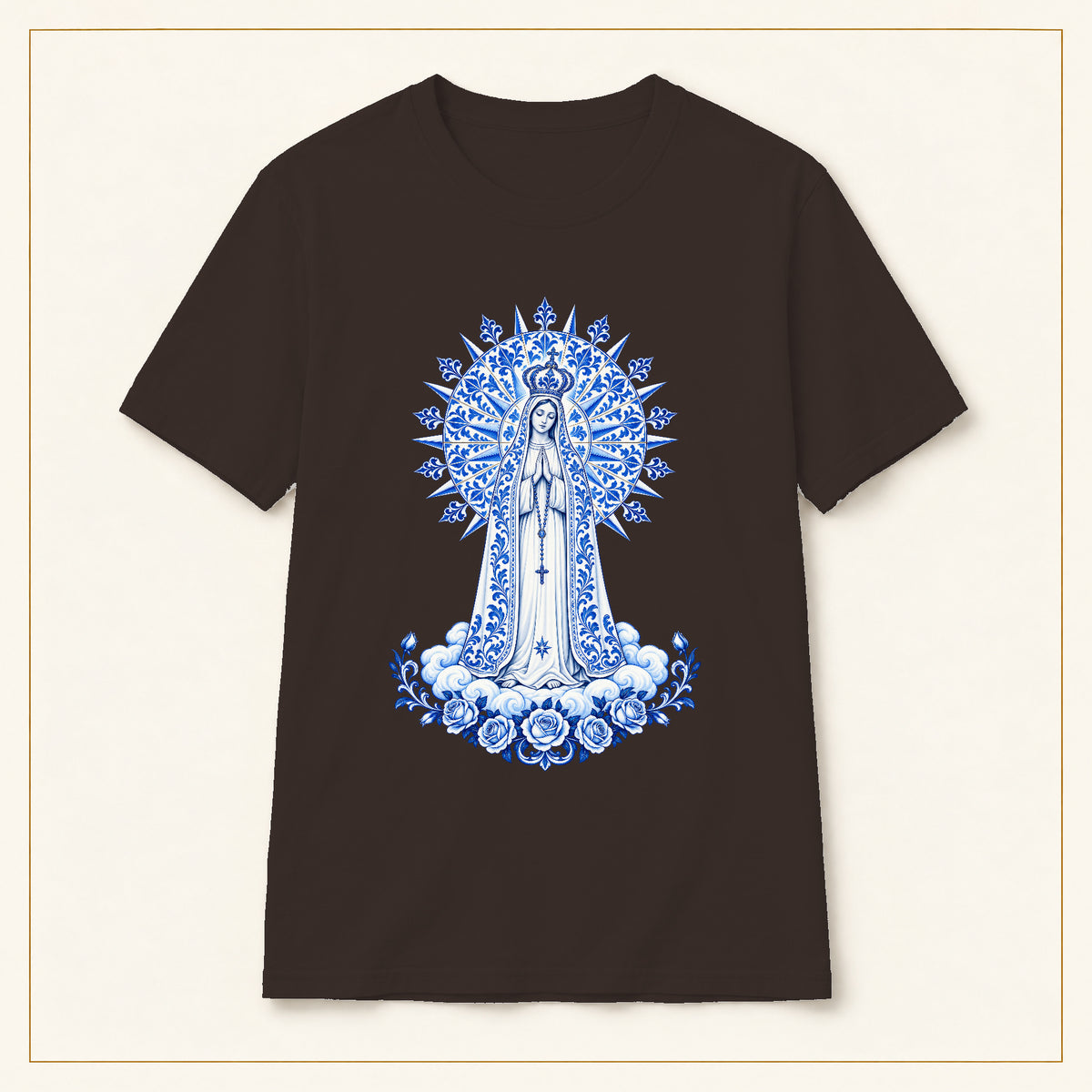 Our Lady of Fátima T-Shirt — Miracle of the Sun Azulejo — compact lay-flat, original print scale and placement — Dark Chocolate