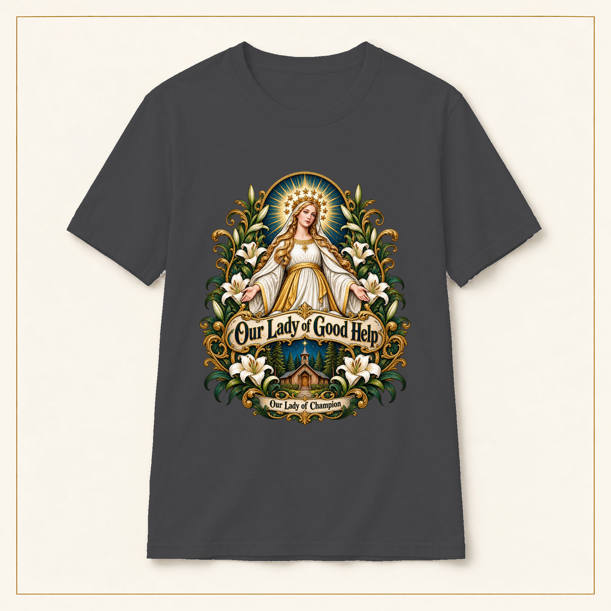 Our Lady of Good Help T-Shirt — Champion Medallion — compact lay-flat, original print scale and placement — Dark Heather