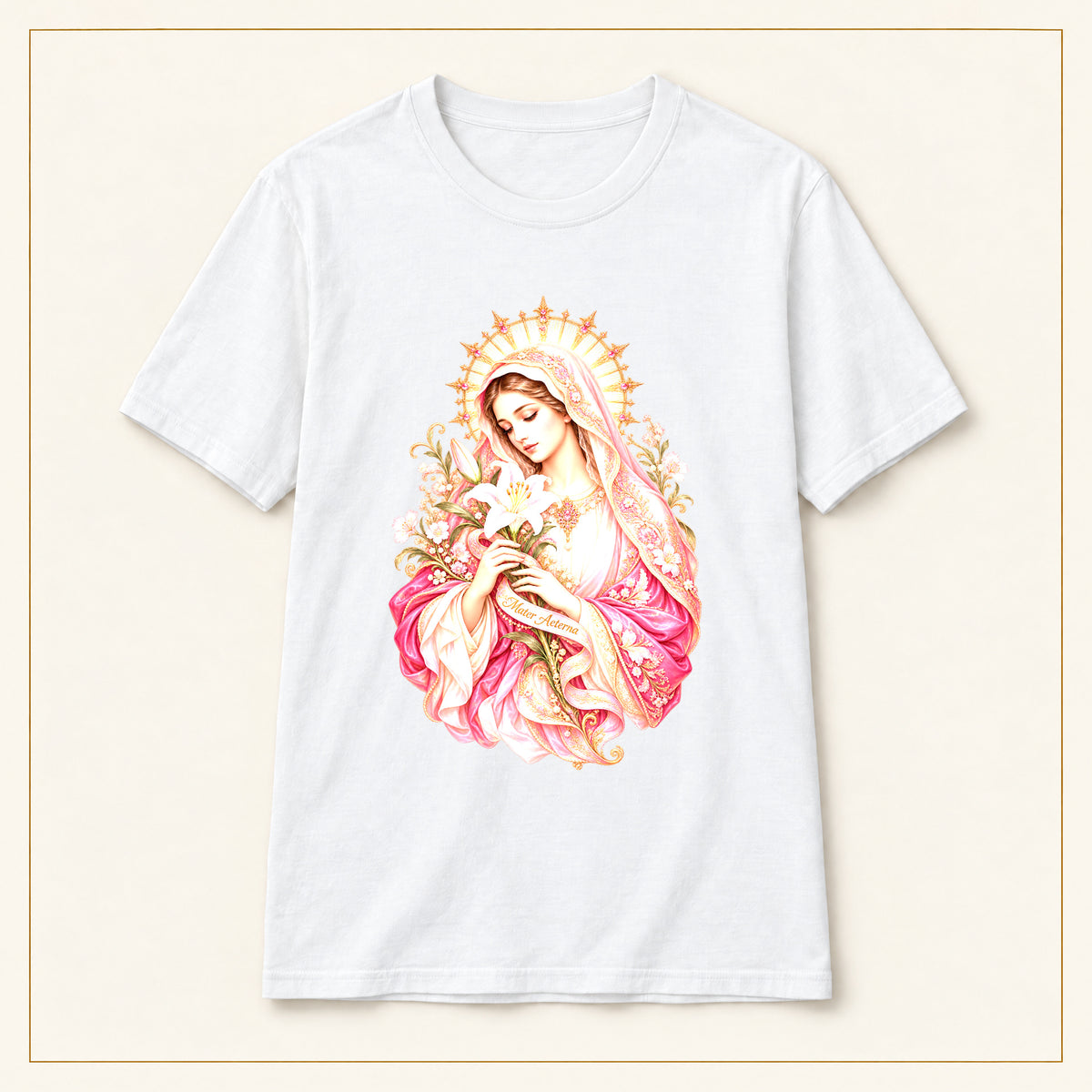 Virgin Mary T-Shirt — Floral Halo — compact lay-flat, original print scale and placement — White