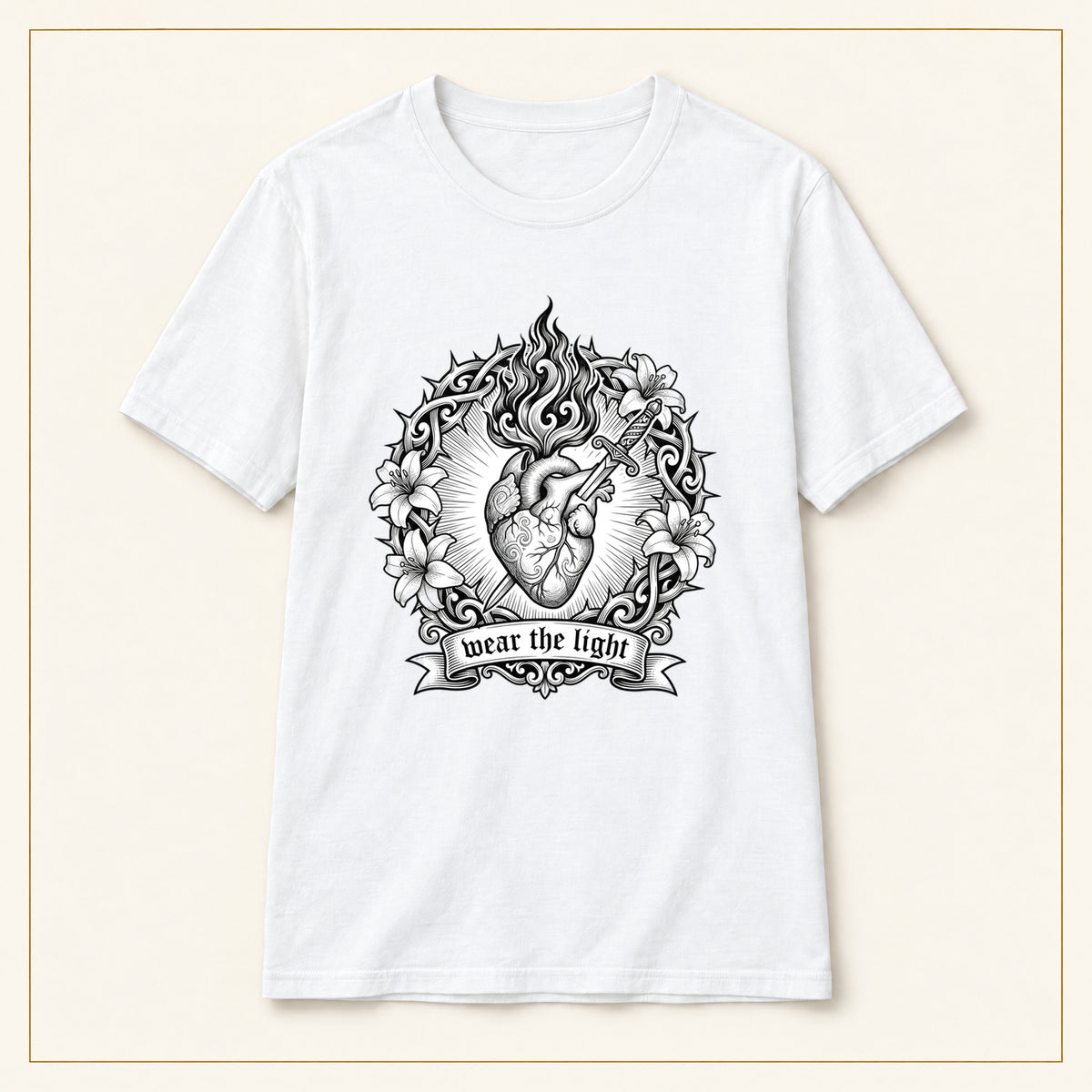 Sacred Heart T-Shirt — Monochrome Floral Flame — compact lay-flat, original print scale and placement — White