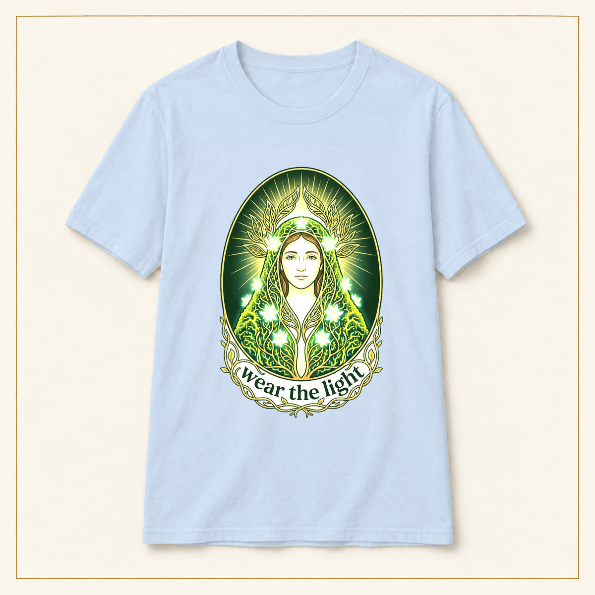 Green Goddess T-Shirt — Wear the Light — compact lay-flat, original print scale and placement — Light Blue