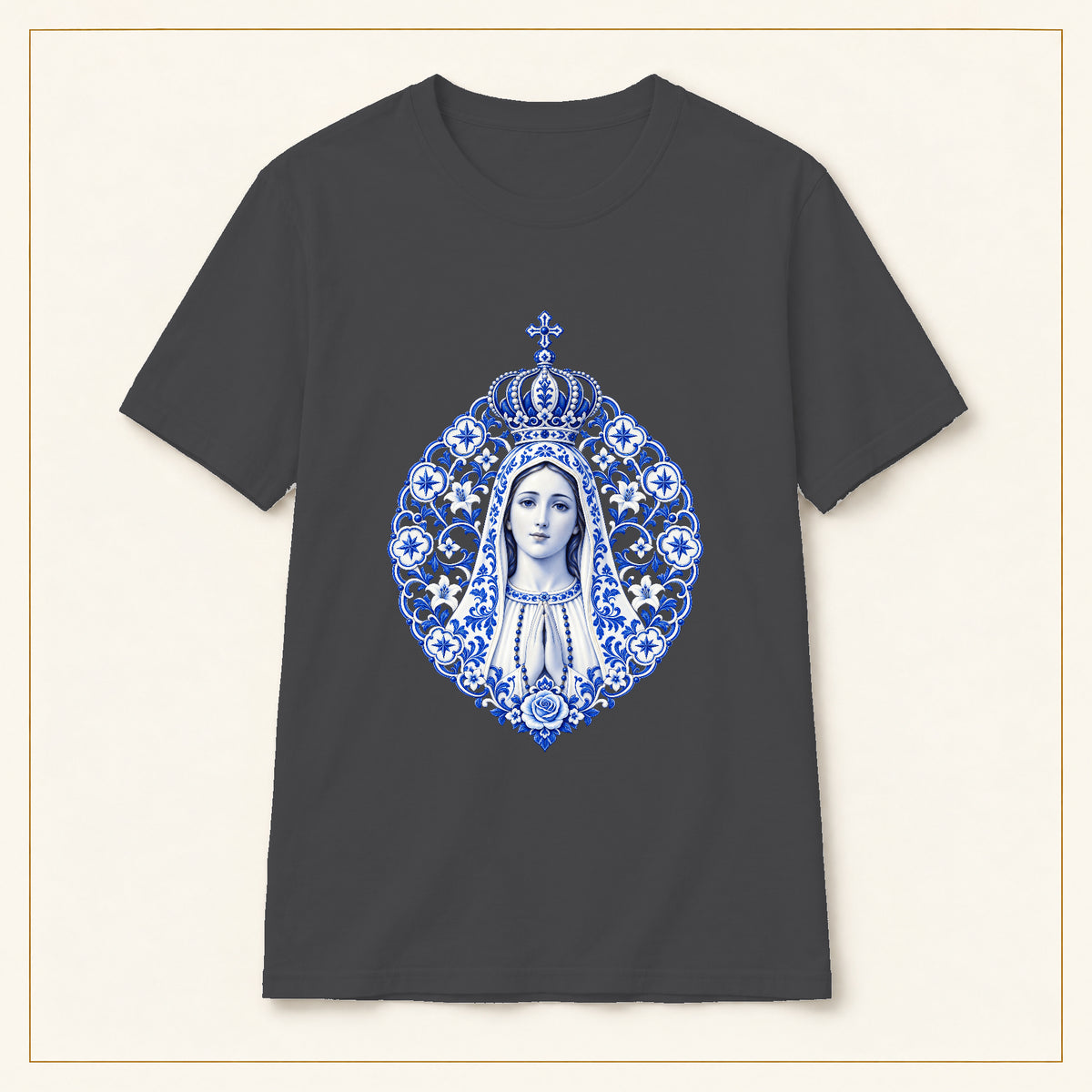 Our Lady of Fátima T-Shirt — Azulejo Mandala — compact lay-flat, original print scale and placement — Dark Heather