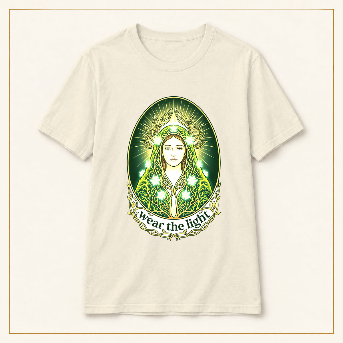 Green Goddess T-Shirt — Wear the Light — compact lay-flat, original print scale and placement — Natural