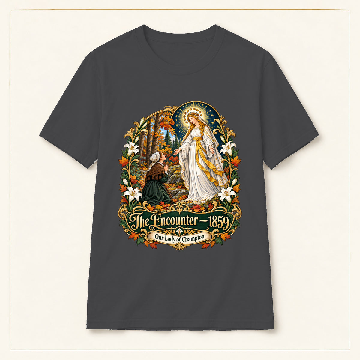 The Encounter 1859 T-Shirt — Our Lady of Champion — compact lay-flat, original print scale and placement — Dark Heather