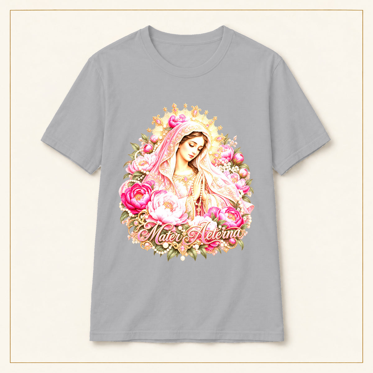 Madre María Rosa T-Shirt — Painted Roses — compact lay-flat, original print scale and placement — Sport Grey