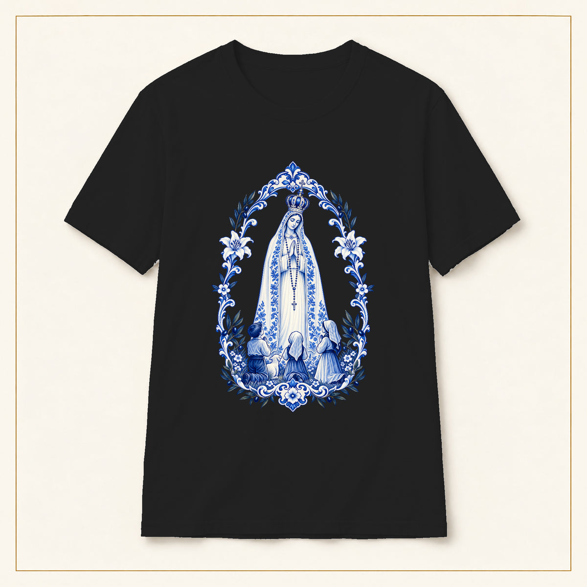Our Lady of Fátima T-Shirt — Shepherd Children Azulejo — compact lay-flat, original print scale and placement — Black