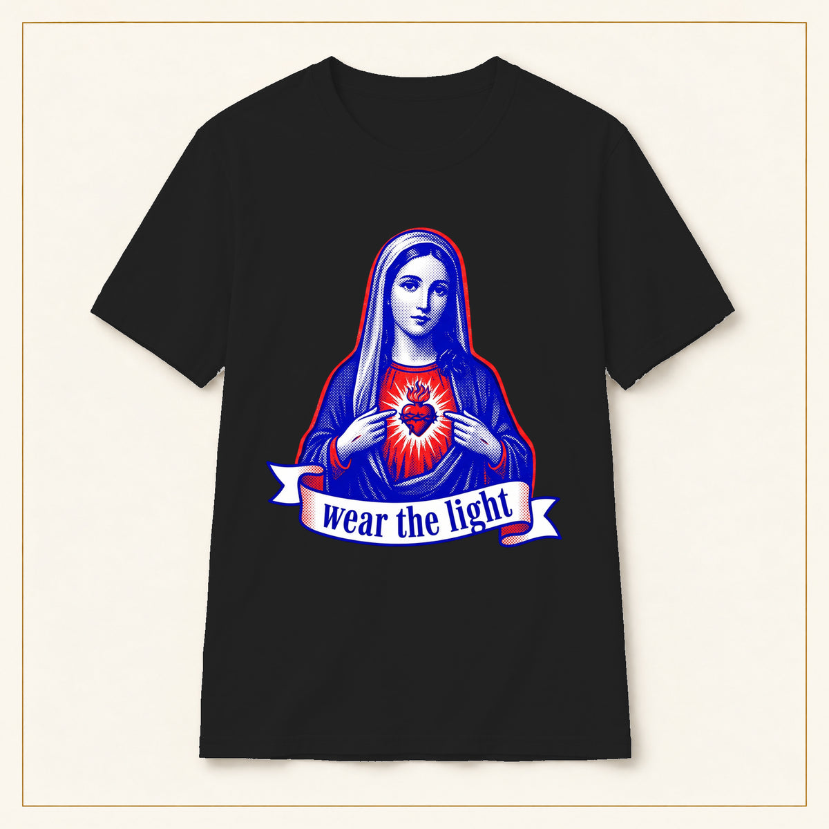 Sacred Heart Mary T-Shirt — Wear the Light — compact lay-flat, original print scale and placement — Black