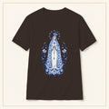 Our Lady of Fátima T-Shirt — Crowned Roses Azulejo — compact lay-flat, original print scale and placement — Dark Chocolate