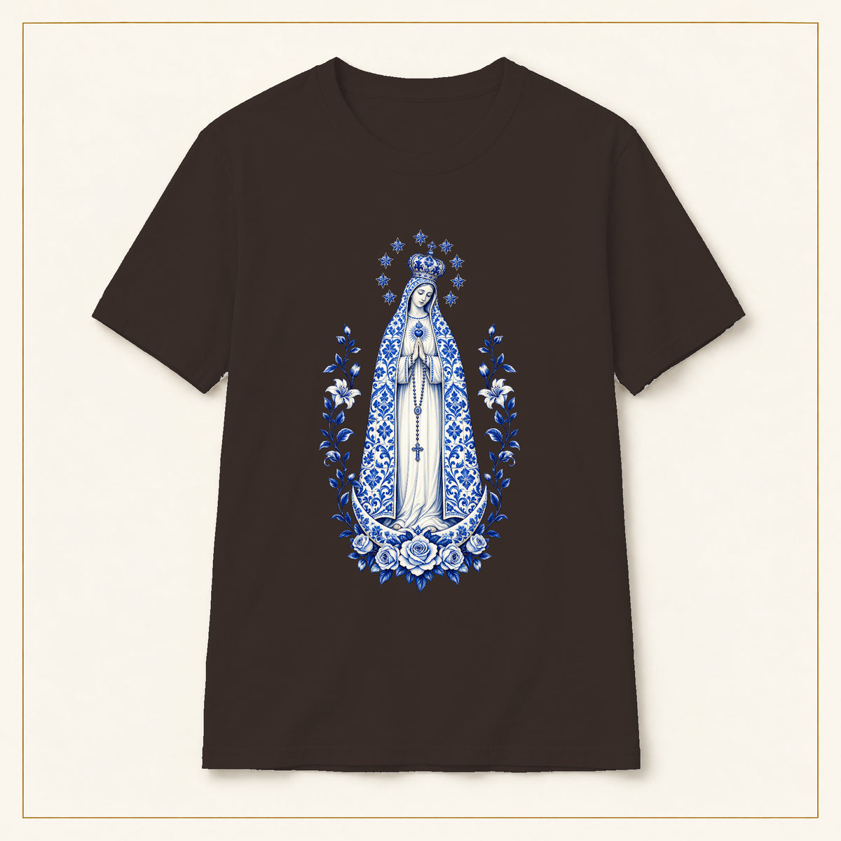 Our Lady of Fátima T-Shirt — Crowned Roses Azulejo — compact lay-flat, original print scale and placement — Dark Chocolate