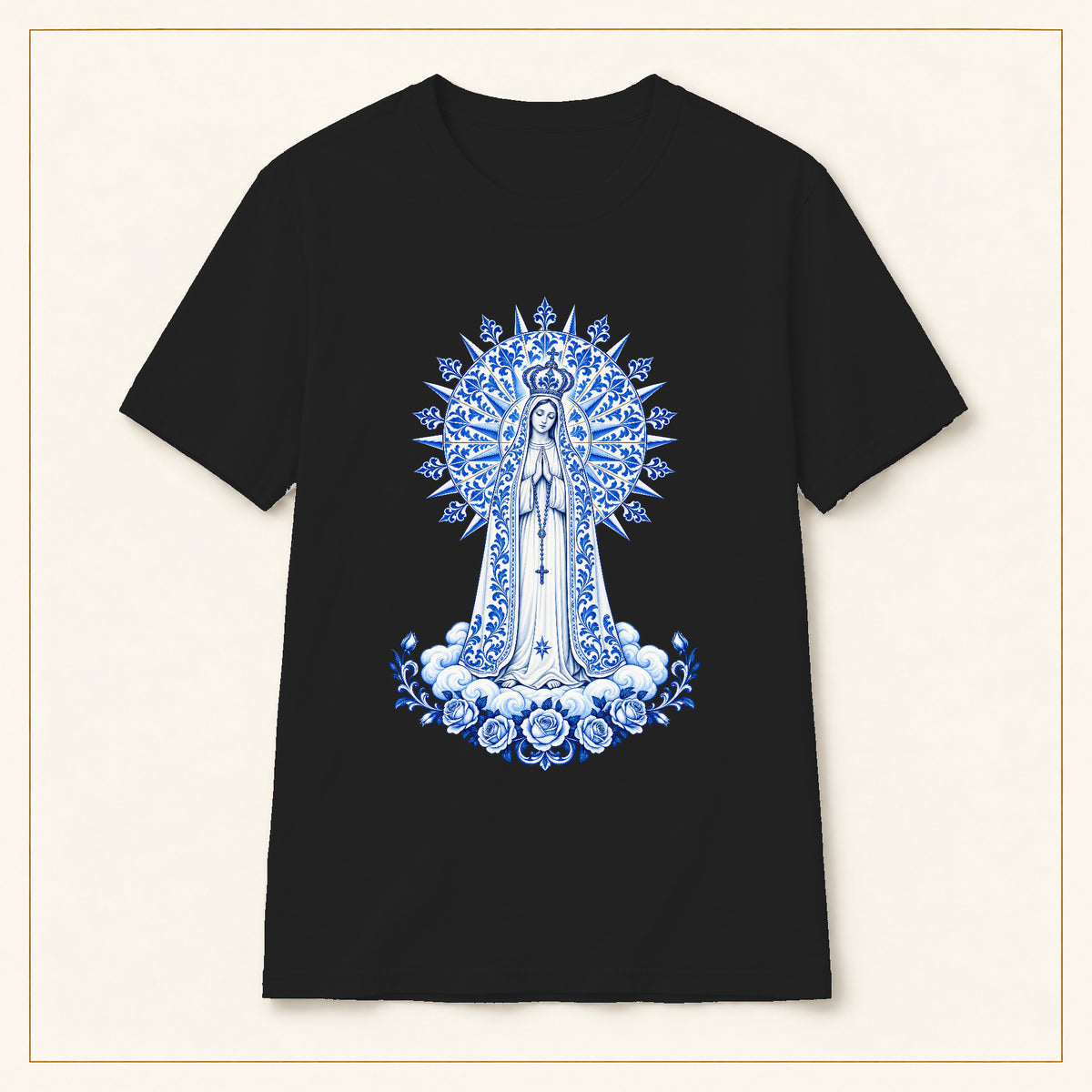 Our Lady of Fátima T-Shirt — Miracle of the Sun Azulejo — compact lay-flat, original print scale and placement — Black
