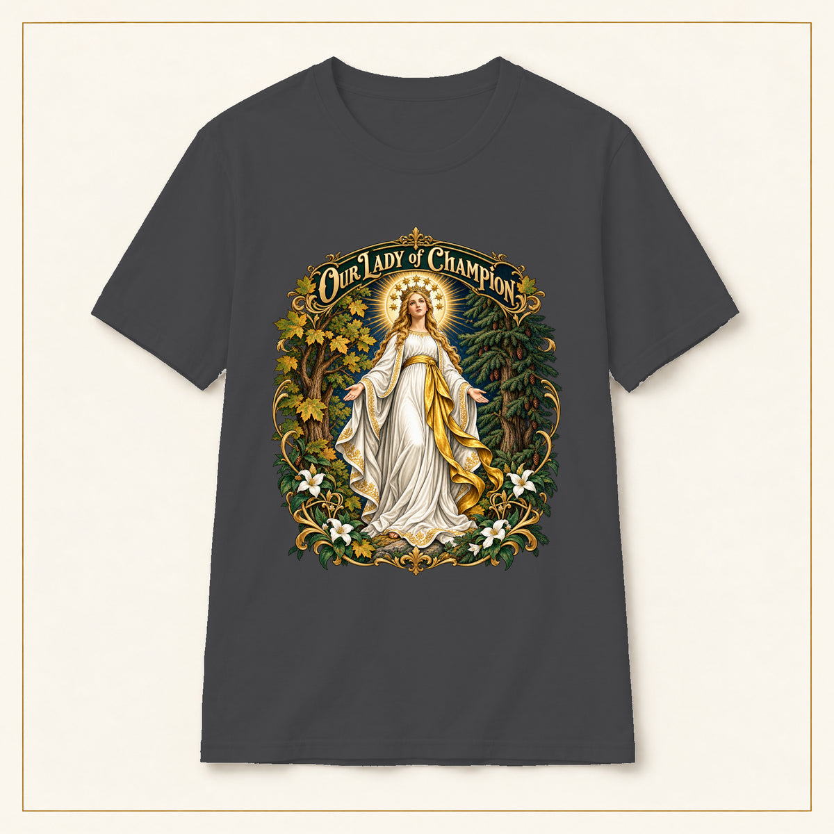 Our Lady of Champion T-Shirt — Sacred Trees — compact lay-flat, original print scale and placement — Dark Heather