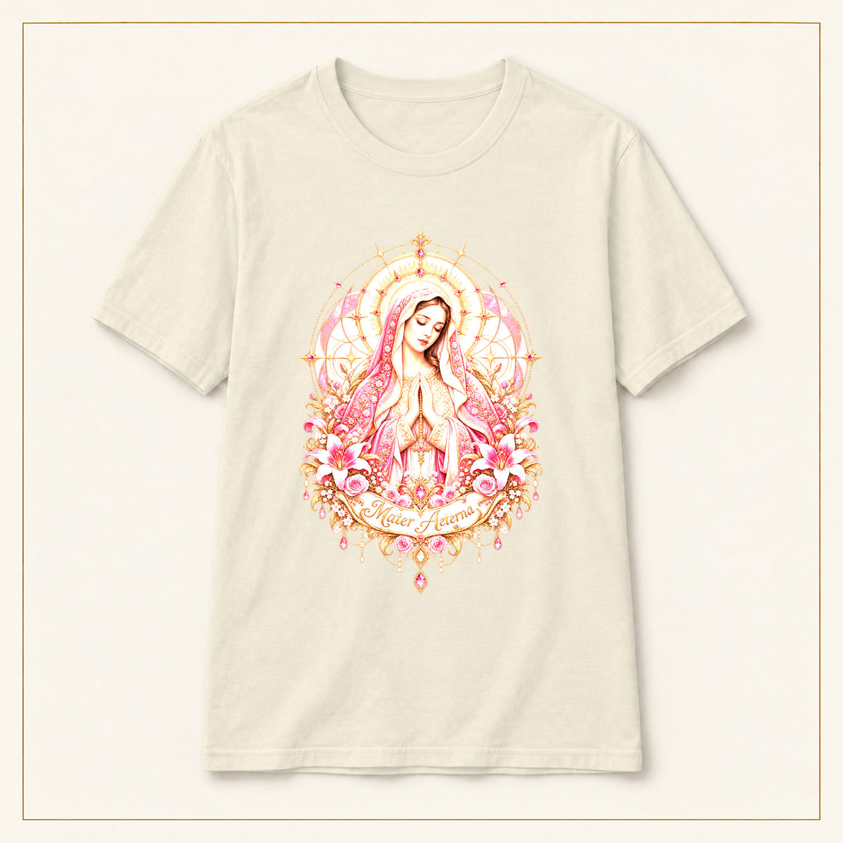 Virgin Mary T-Shirt — Pastel Floral Prayer — compact lay-flat, original print scale and placement — Natural