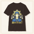 Mary Icon T-Shirt — I Wear the Light — compact lay-flat, original print scale and placement — Dark Chocolate