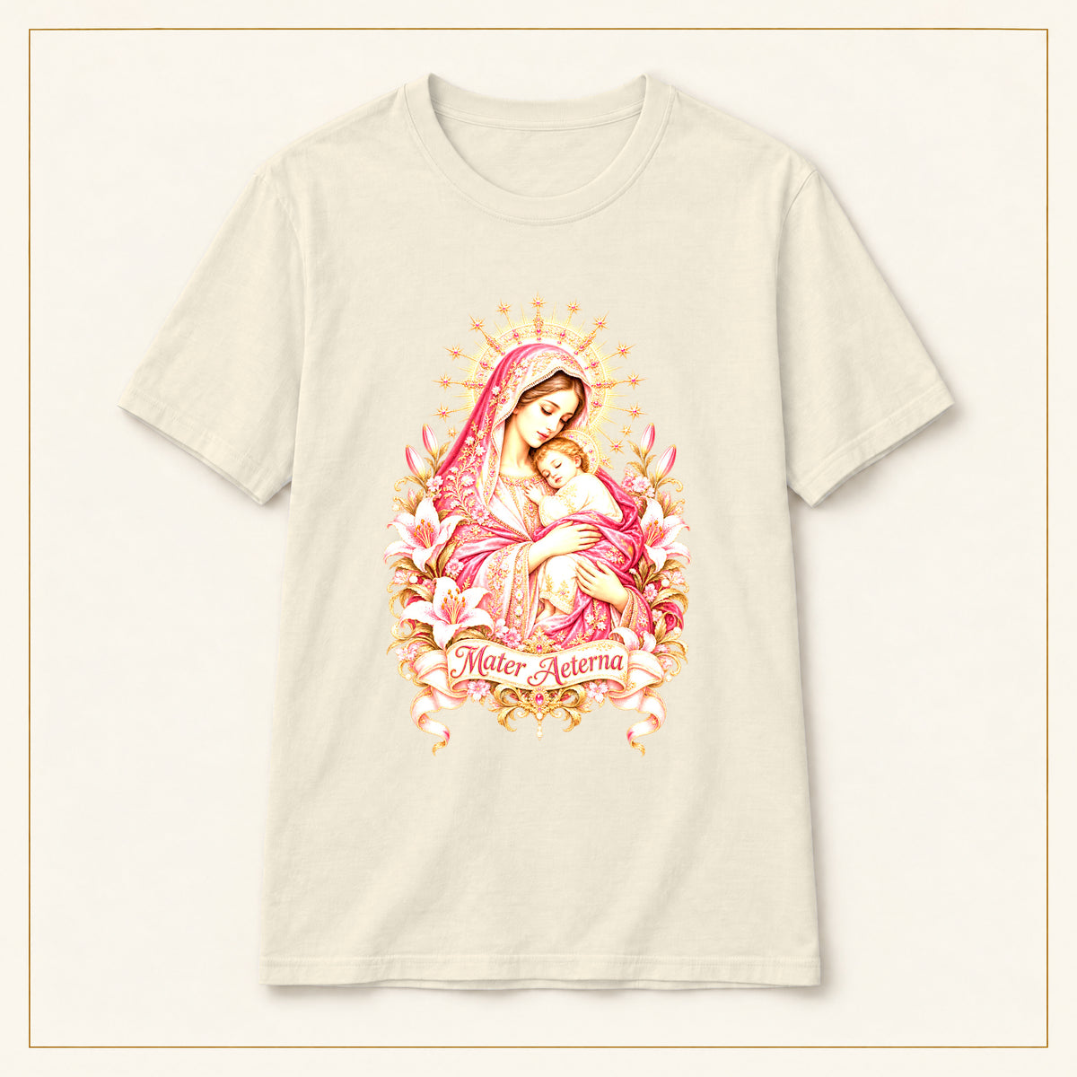 Mother of Mercy T-Shirt — Rose & Gold — compact lay-flat, original print scale and placement — Natural