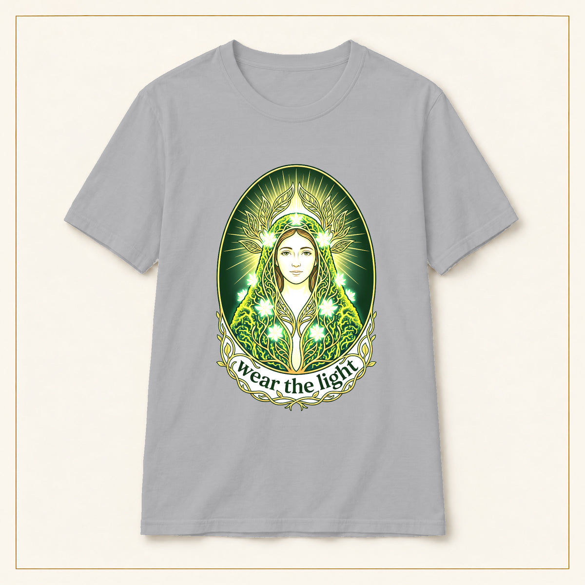 Green Goddess T-Shirt — Wear the Light — compact lay-flat, original print scale and placement — Sport Grey