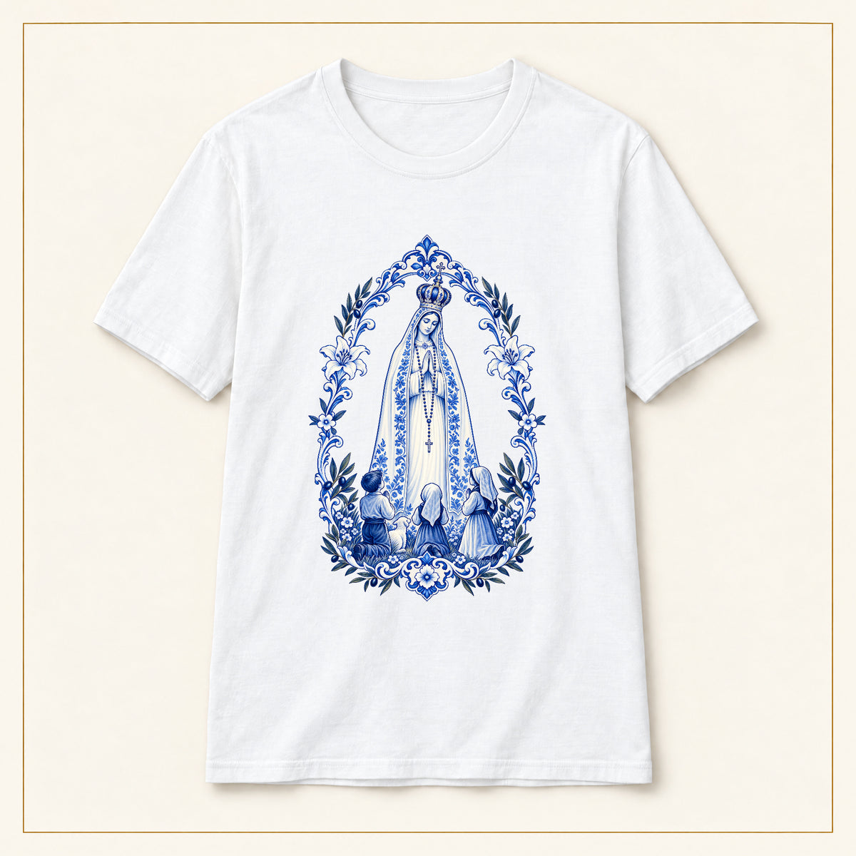 Our Lady of Fátima T-Shirt — Shepherd Children Azulejo — compact lay-flat, original print scale and placement — White