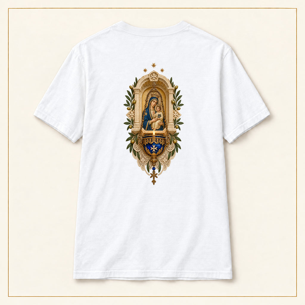 Our Lady of Ta' Pinu — Vigil Lamp White T-Shirt — compact lay-flat, original print scale and placement — White — back view