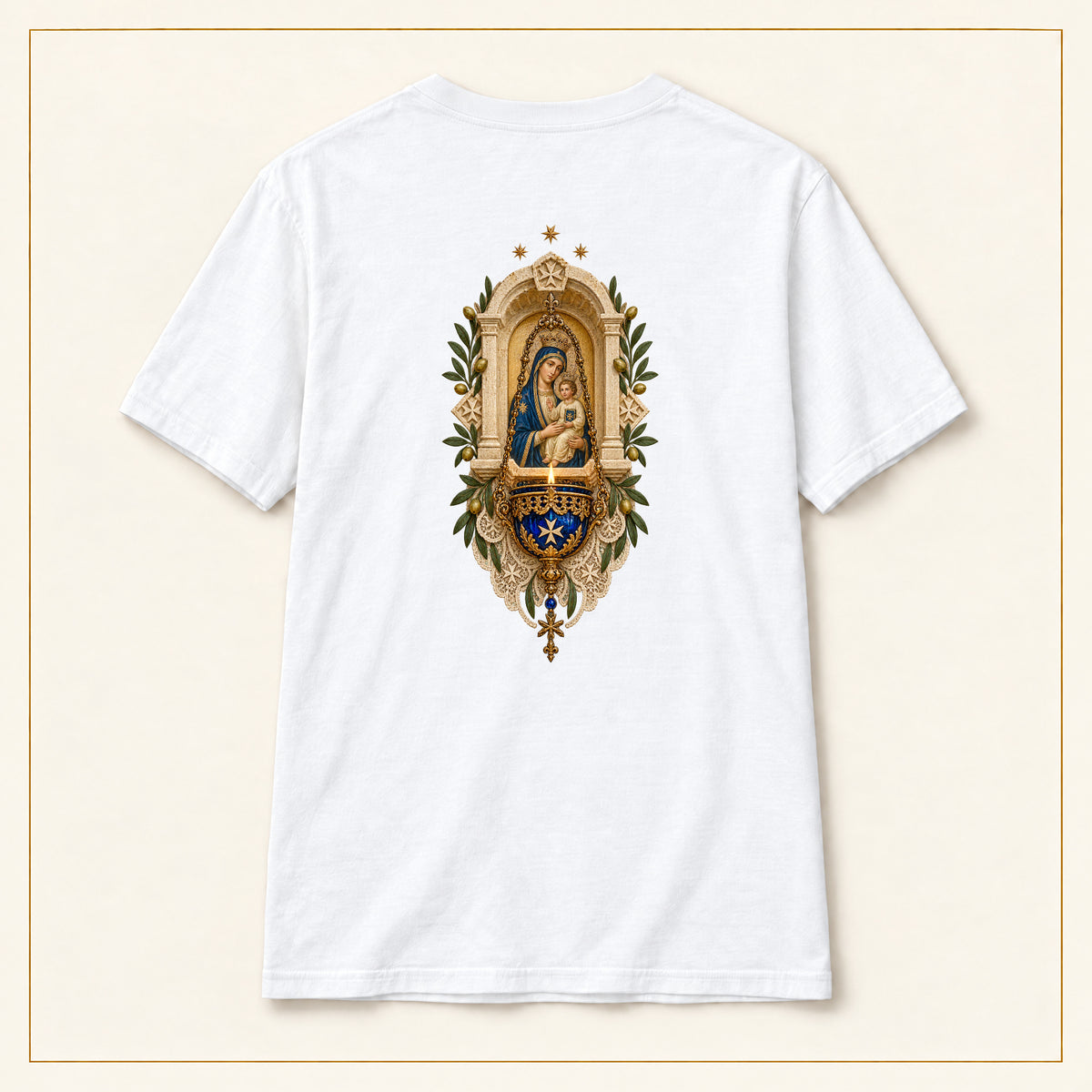 Our Lady of Ta' Pinu — Vigil Lamp White T-Shirt — compact lay-flat, original print scale and placement — White — back view