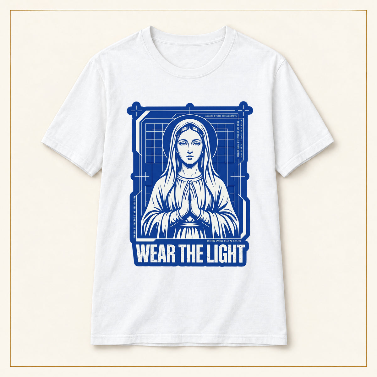 Retro Sacred Madonna T-Shirt — Wear the Light — compact lay-flat, original print scale and placement — White