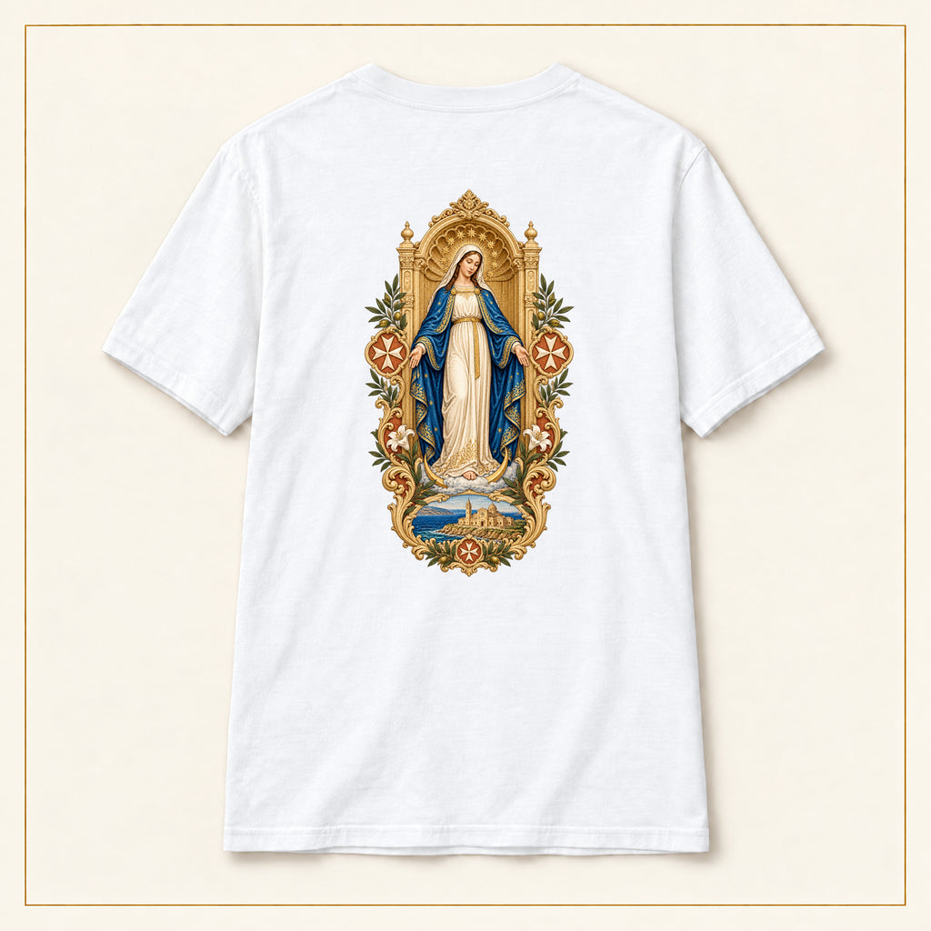 Our Lady of Ta' Pinu — Queen of Gozo White T-Shirt — compact lay-flat, original print scale and placement — White — back view