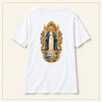 Our Lady of Ta' Pinu — Queen of Gozo White T-Shirt — compact lay-flat, original print scale and placement — White — back view